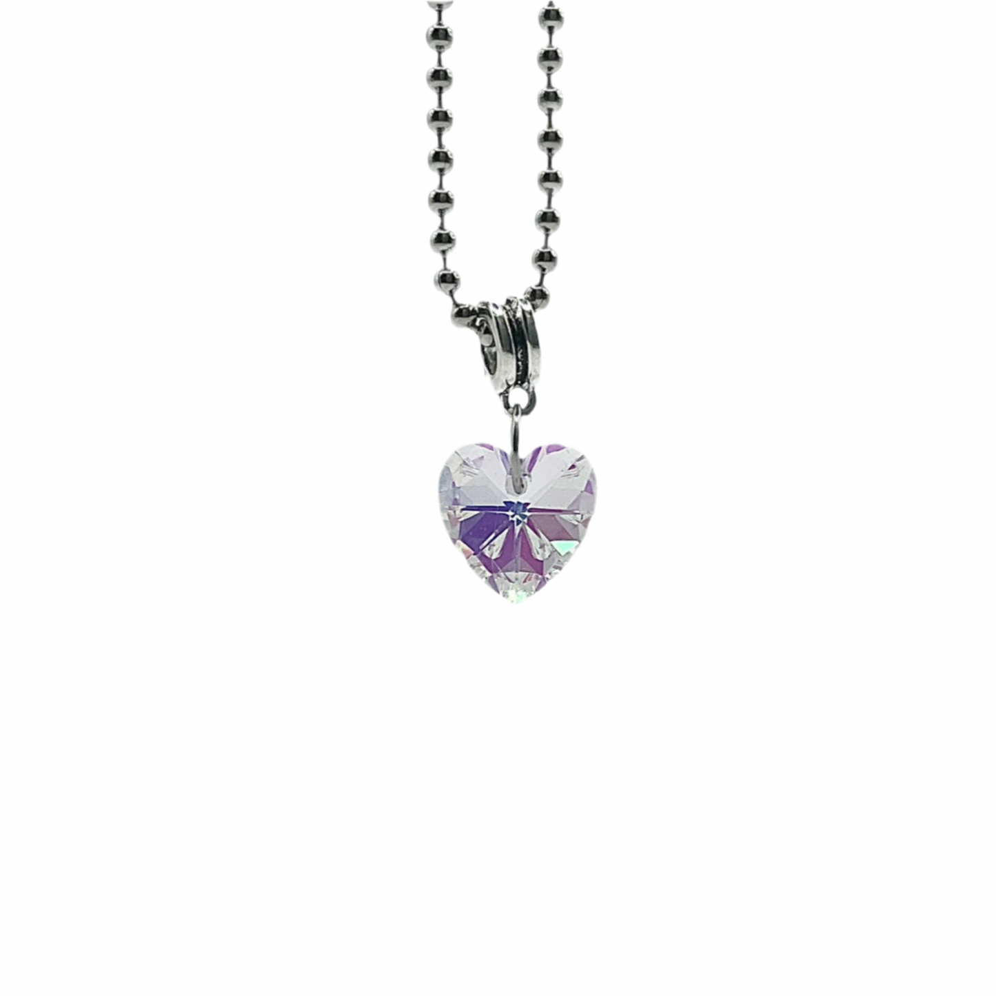 Sparkling Heart-shaped crystal pendant on a metal ball chain against a white background