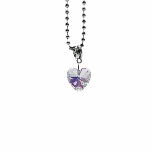 Sparkling Heart-shaped crystal pendant on a metal ball chain against a white background