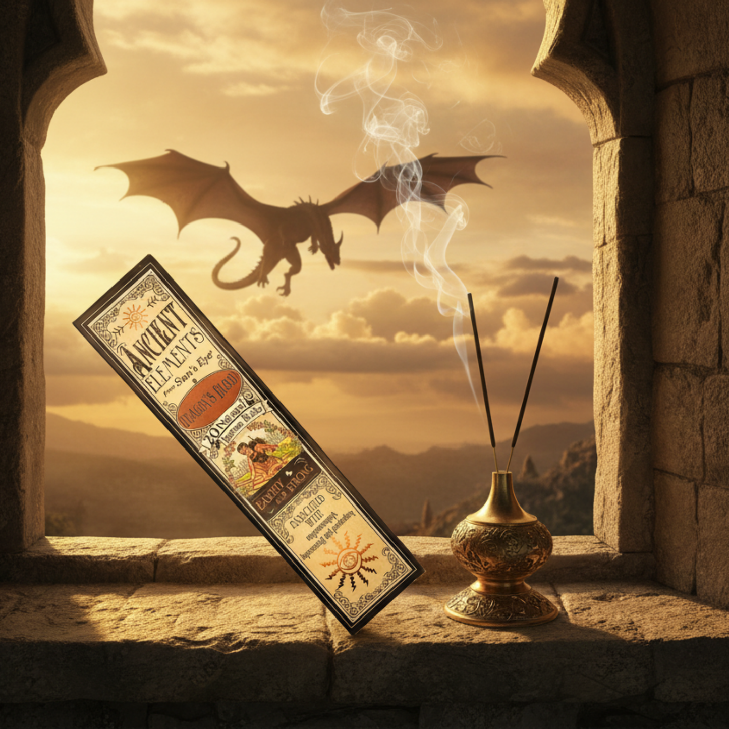 A package of Dragons blood incense from suns eye ancient elements with a burning stick of incense in a castle window with a Dragon flying outside.