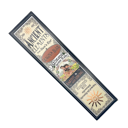 a package of dragons blood incense from suns eye ancient elements against a white background.