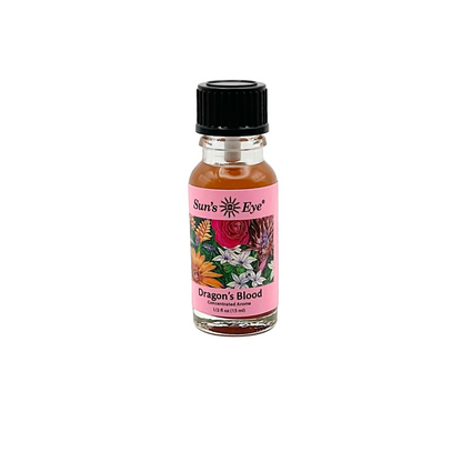 Bottle of 'Dragon's Blood' Oil from Suns Eye with a colorful label on a white background