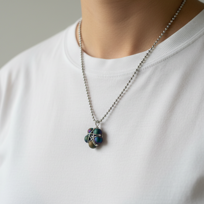 Ball chain Necklace with a druzy bead wire wrap pentagram pendant worn by a person on a plain background