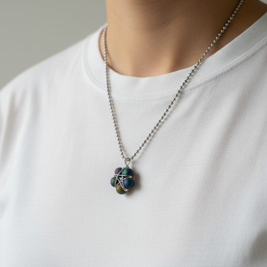 Ball chain Necklace with a druzy bead wire wrap pentagram pendant worn by a person on a plain background
