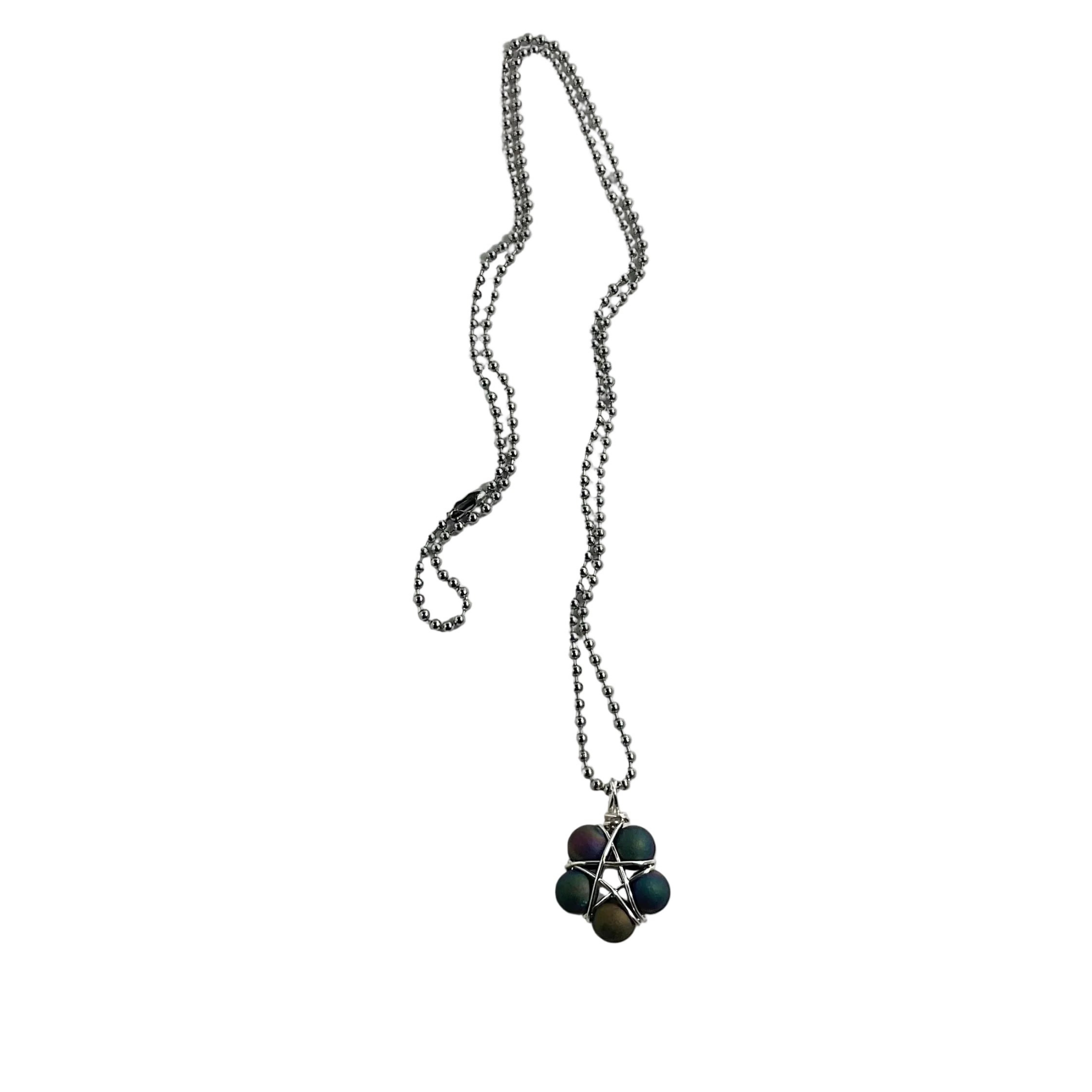 Ball chain Necklace with a wire wrapped agate beads star-shaped pendant on a white background