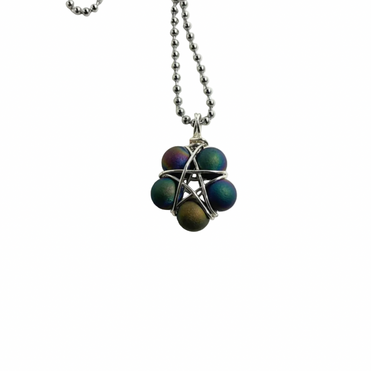 Ball chain charm Necklace with a pentagram druzy bead wire wrap pendant displayed on a white background
