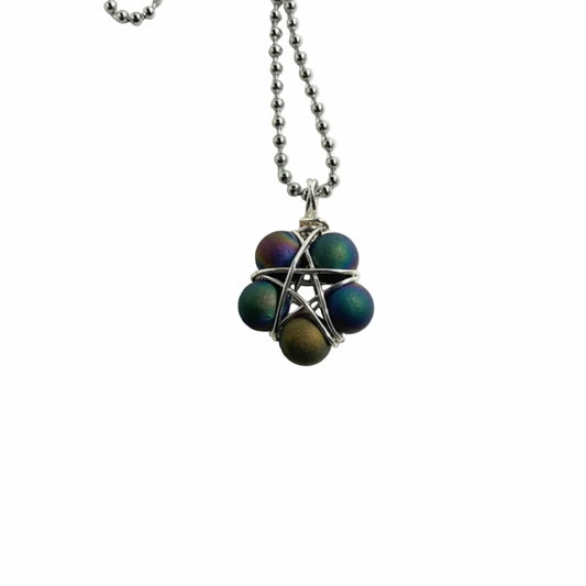 Ball chain charm Necklace with a pentagram druzy bead wire wrap pendant displayed on a white background