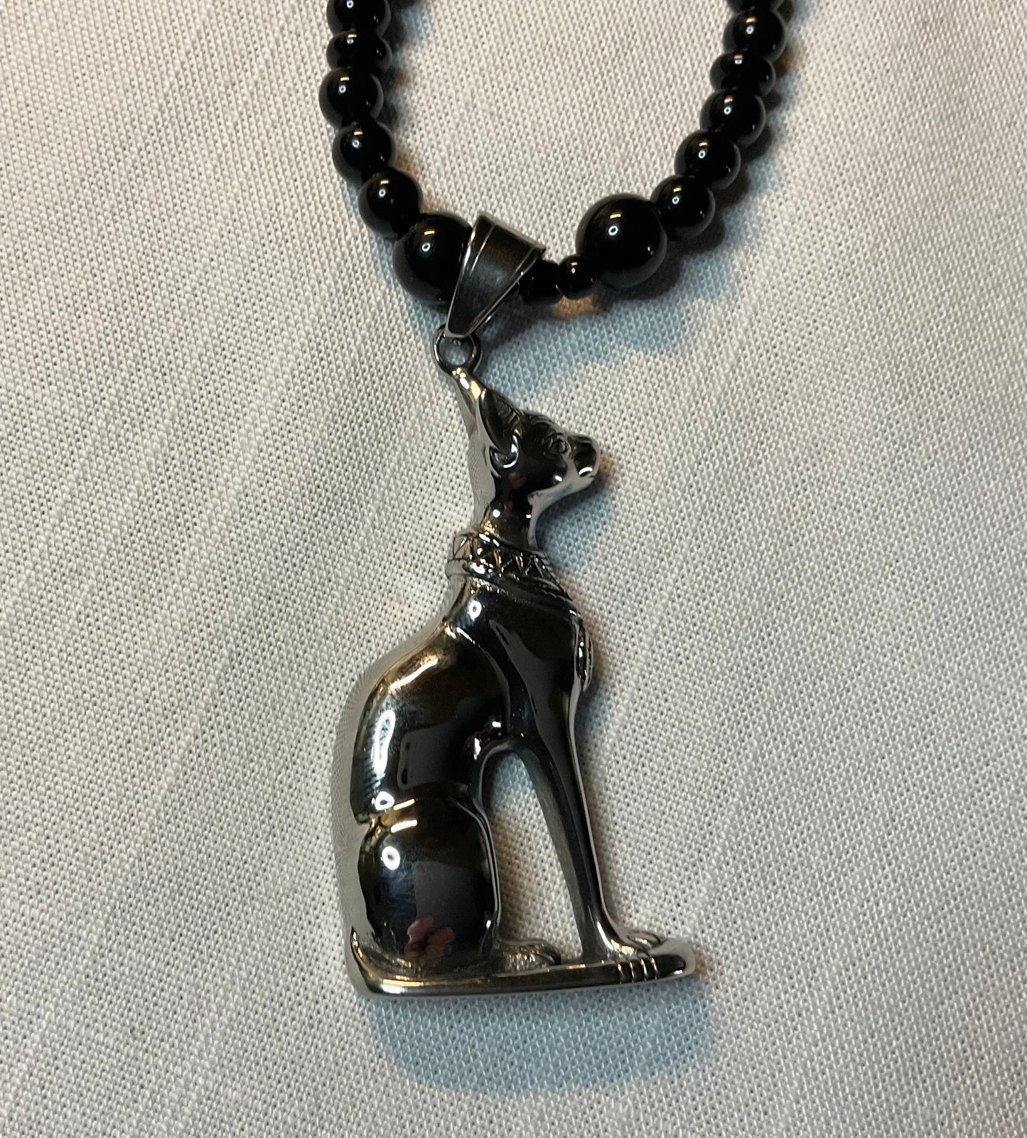 Bastet Goddess Talisman Necklace with Steel Accent Beads