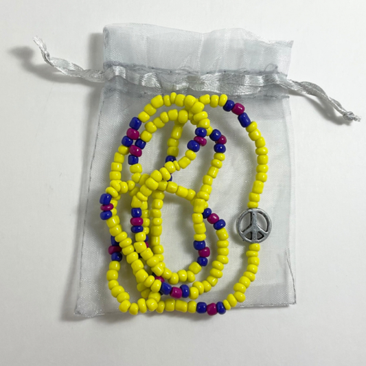 Yellow with Blue and Pink Love Beads with Silver Tone Peace Sign