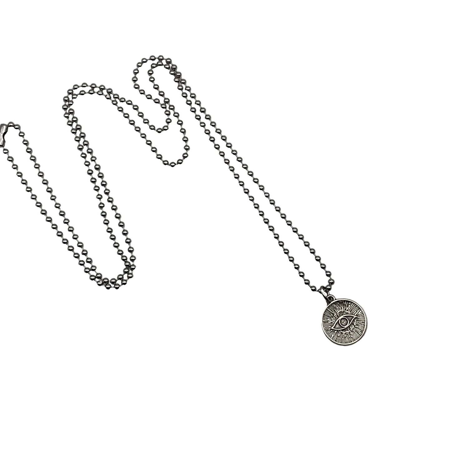 Necklace with a round all seeing eye pendant on a white background