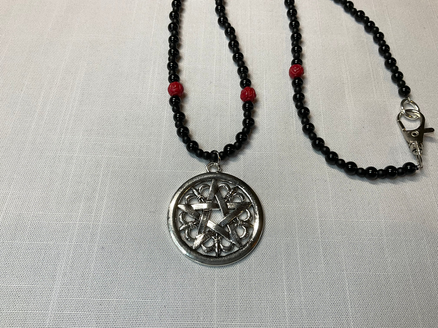 Pentacle Necklace with Red Coral Rose Beads and Black Beads