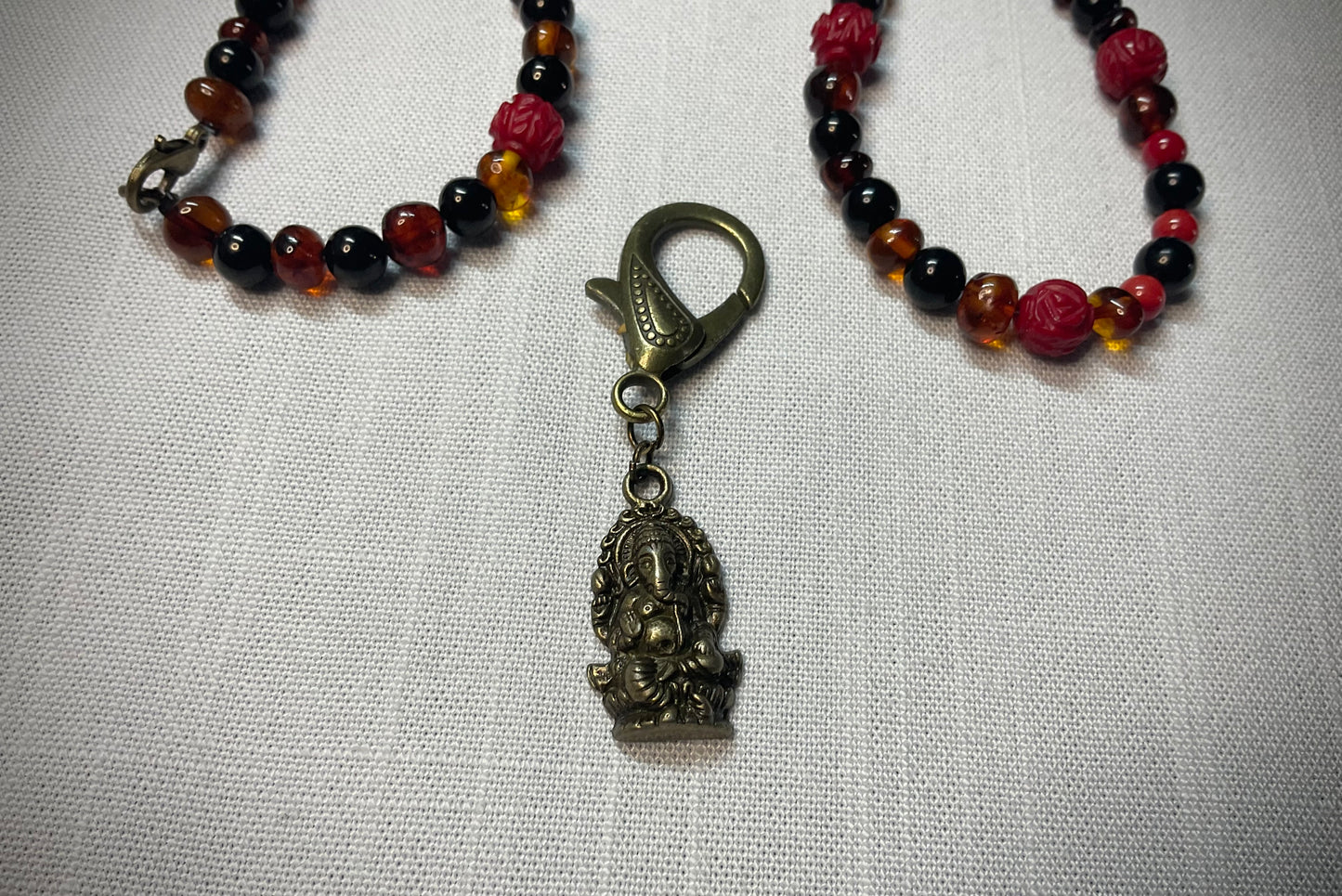 Lord Ganesha Amber Jet and Red Coral Talisman