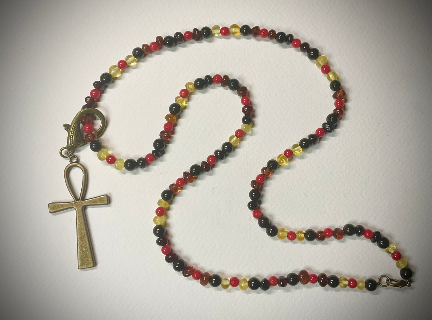 Baltic Amber, Russian Jet and Red Coral Necklace, with Bronze Tone Ankh