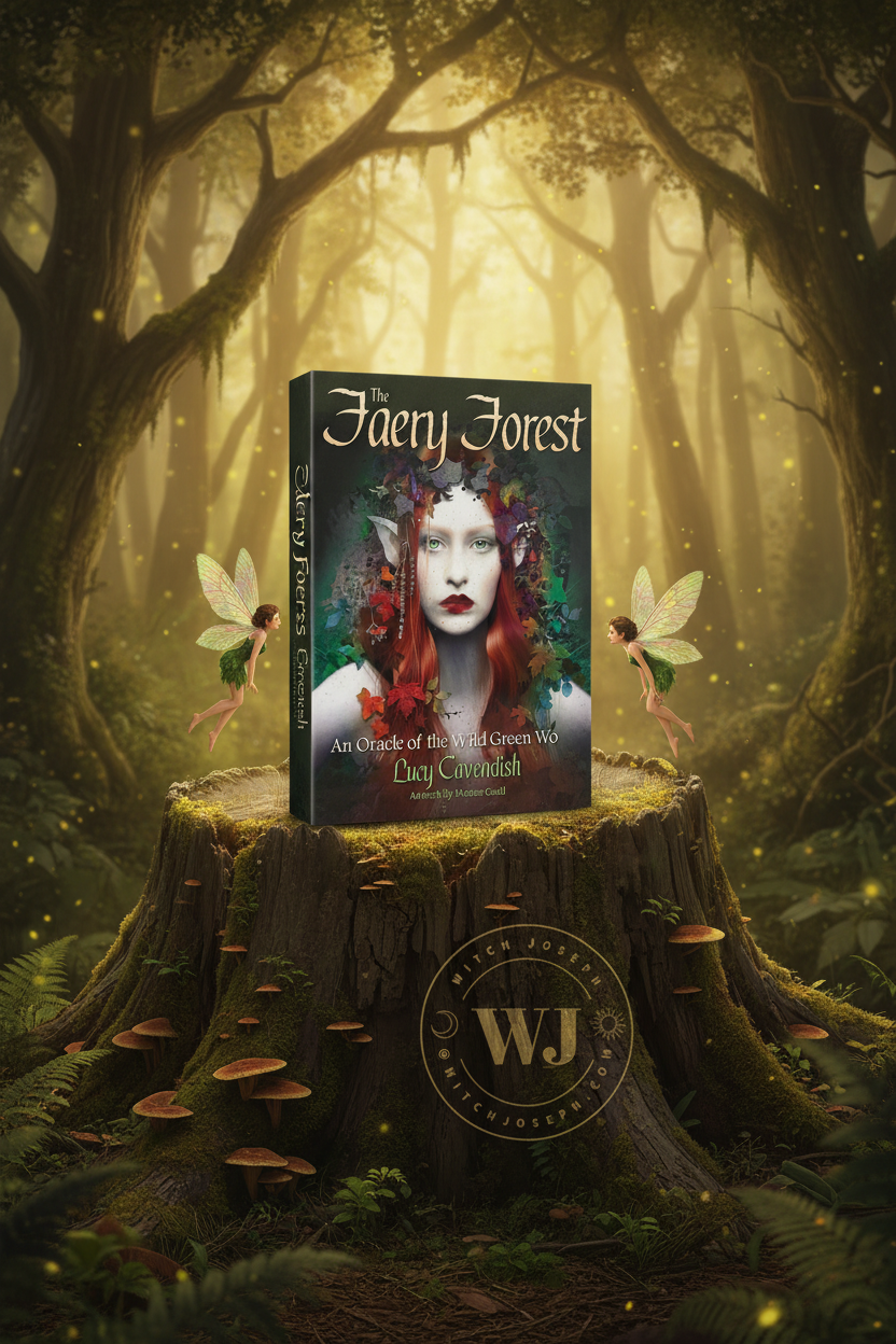 An oracle deck titled "The Fairy Forest" stands upright on a mossy tree stump in a glowing fantasy forest. The cover shows a woman's face with red hair and fairy wings, with the creator name Lucy Cavendish visible.