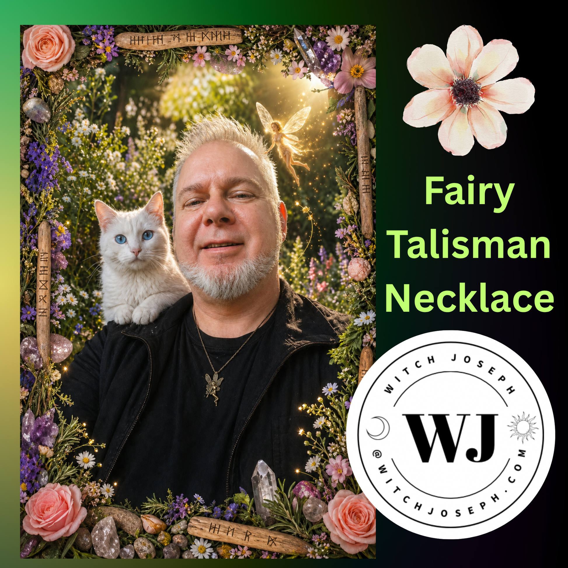 image of Witch Joseph with Angelique in a fairy garden wearing the Fairy Talisman Necklace in bronze tone, surrounded by flowers and crystals…text that says Fairy Talisman Necklace and the Witch Joseph Logo with the url.