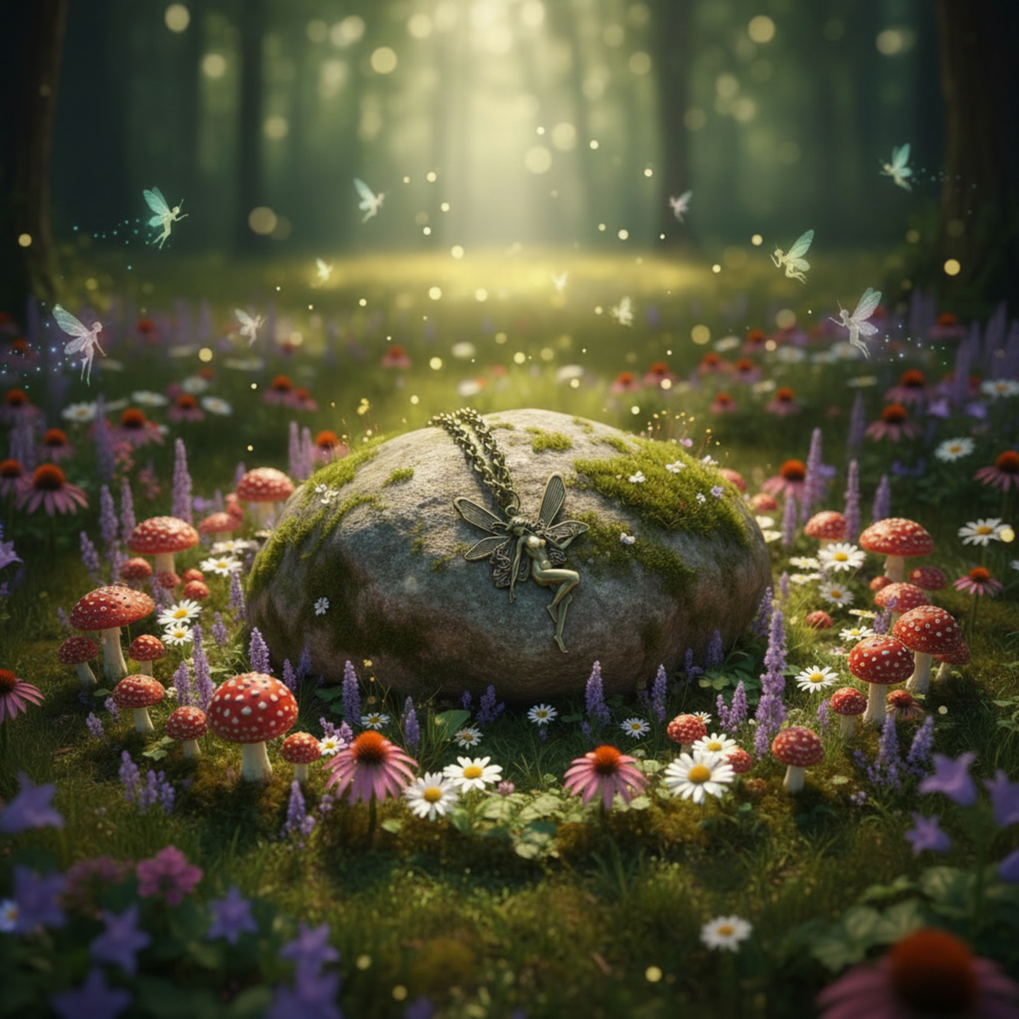 Fantasy forest scene with the bronze tone Fairy Necklace displayed on a rustic rock amid a Fairy circle of mushrooms and flowers
