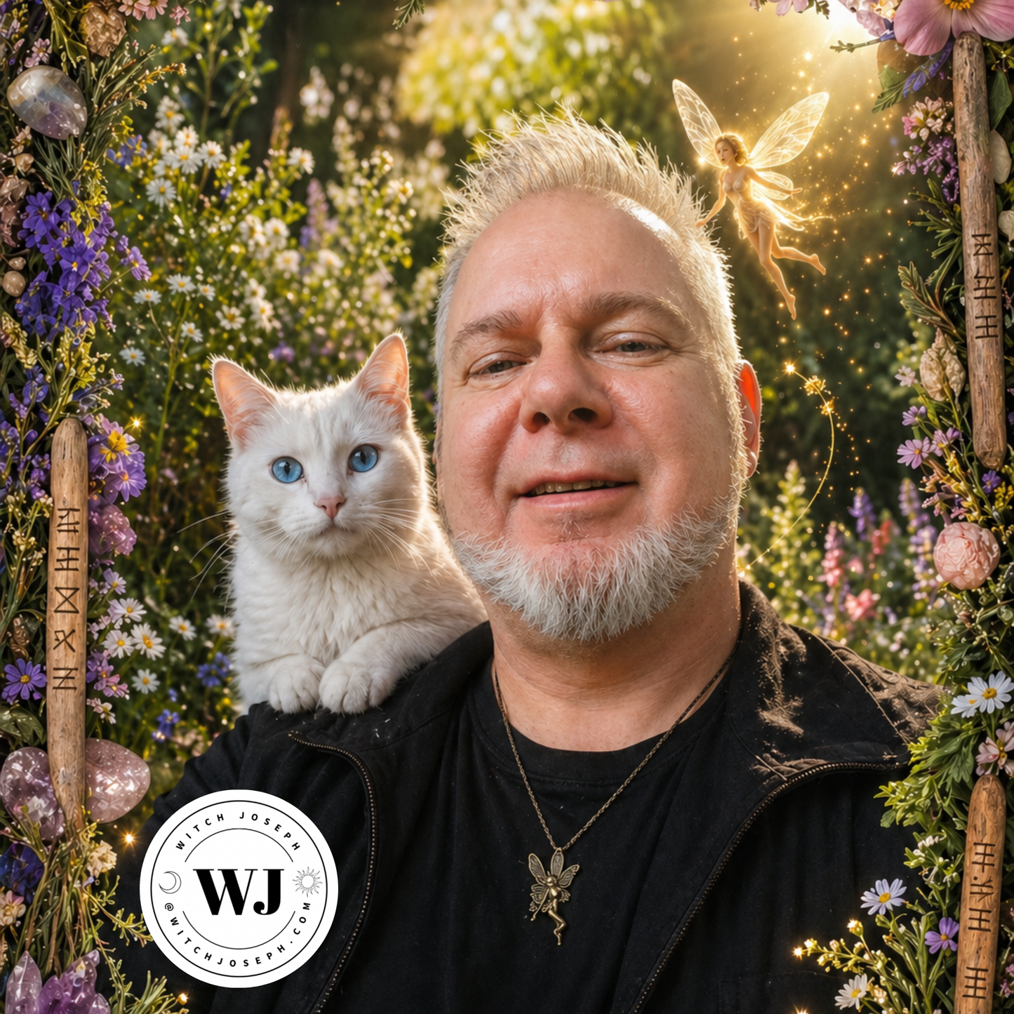 Witch Joseph with a white cat, Angelique, on his shoulder surrounded by fantasy-themed decorations, flowers, crystals and a Fairy…wearing the Fairy Talisman Necklace