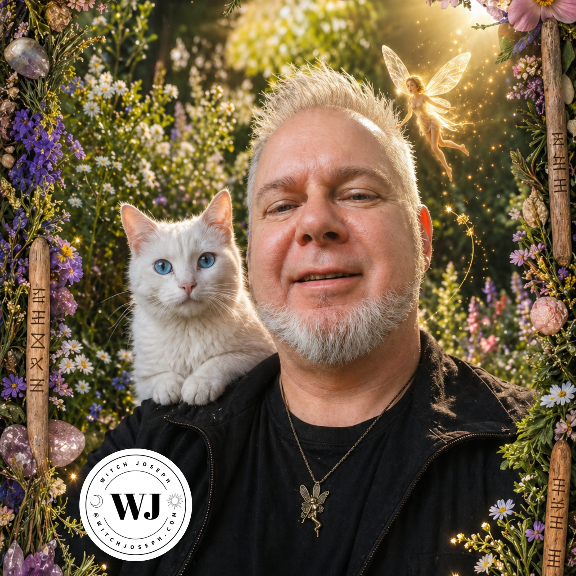 Witch Joseph with a white cat, Angelique, on his shoulder surrounded by fantasy-themed decorations, flowers, crystals and a Fairy…wearing the Fairy Talisman Necklace