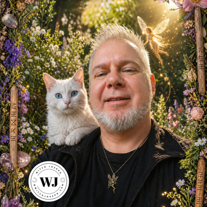 Witch Joseph with a white cat, Angelique, on his shoulder surrounded by fantasy-themed decorations, flowers, crystals and a Fairy…wearing the Fairy Talisman Necklace