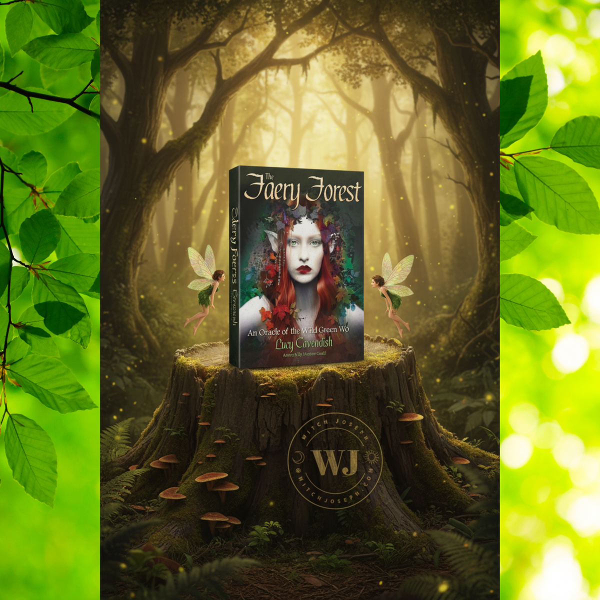‘Fairy Forest' Oracle Deck, displayed on a mossy tree stump in a glowing forest scene. The cover features a woman with red hair and fairy wings, with two fairies flying beside the book.