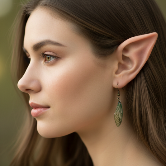 Close-up of a woman, seen from the side, wearing elf-like earrings wearing Fairy Wing earrings with a blurred portrait style background