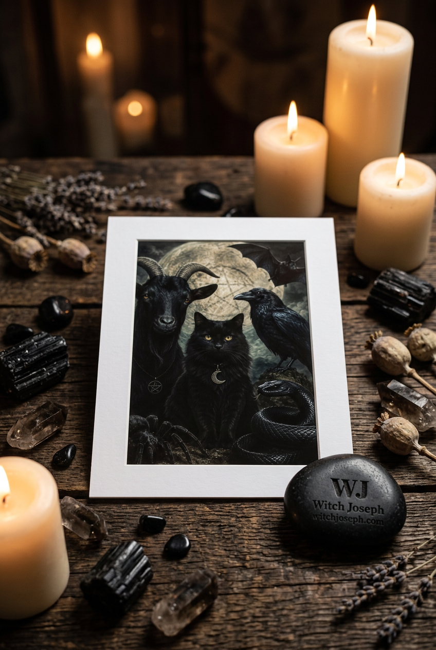 A framed gothic art print featuring a black cat, goat, and raven and other creatures under a full moon, styled on a rustic wooden table with lit candles, crystals, dried flowers, and a branded stone with the Witch Joseph logo.