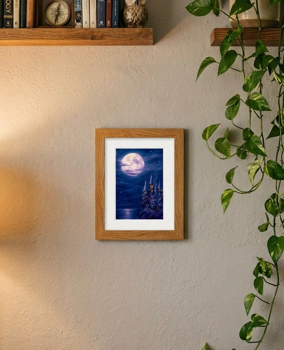 A framed version of the fantasy castle art print depicting a moonlit night scene with a castle under a full moon, hung on a textured beige wall next to a wooden shelf and a green trailing plant…frame not included.