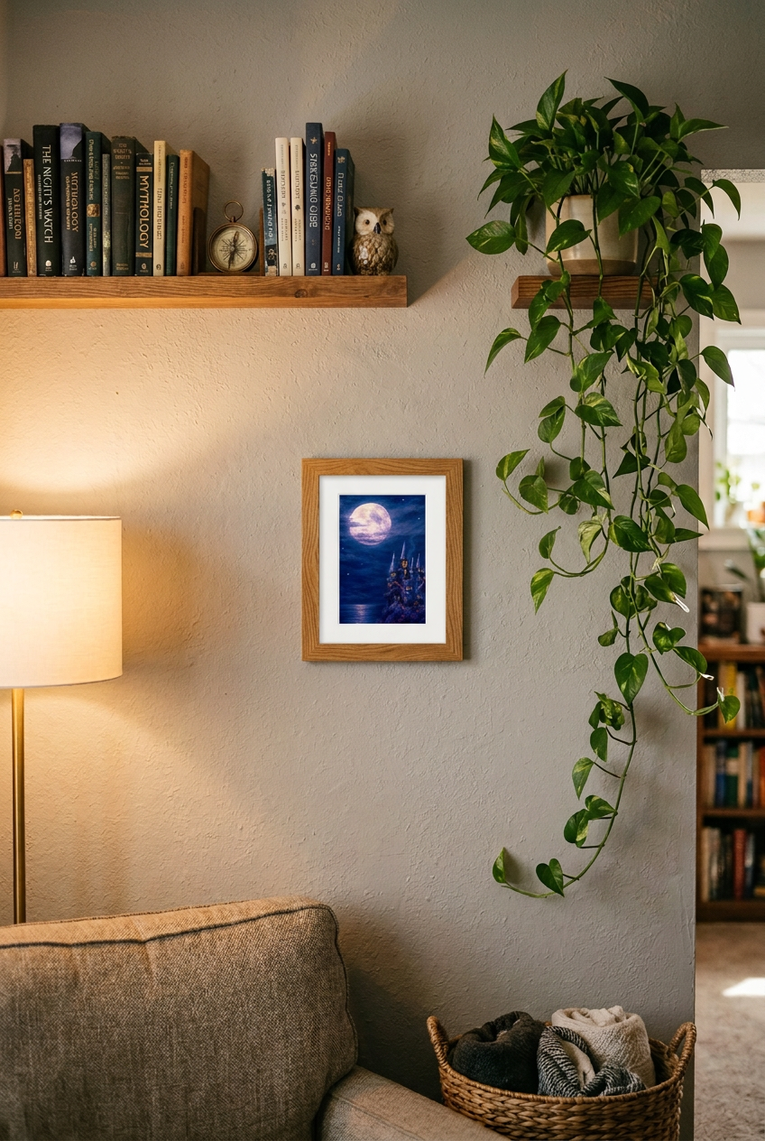 A art print depicting a fantasy moonlit night scene with a castle under a full moon, displayed on a textured beige wall in a cozy living room setting with a bookshelf, lamp, and trailing green plant….frame not included
