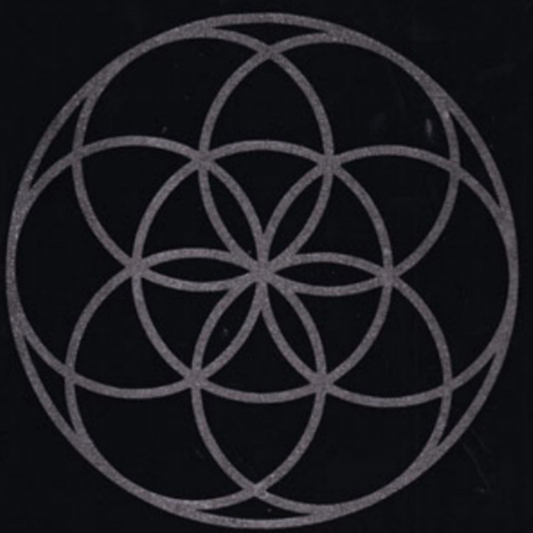 Geometric flower of life design of interlocking circles on a black background mat