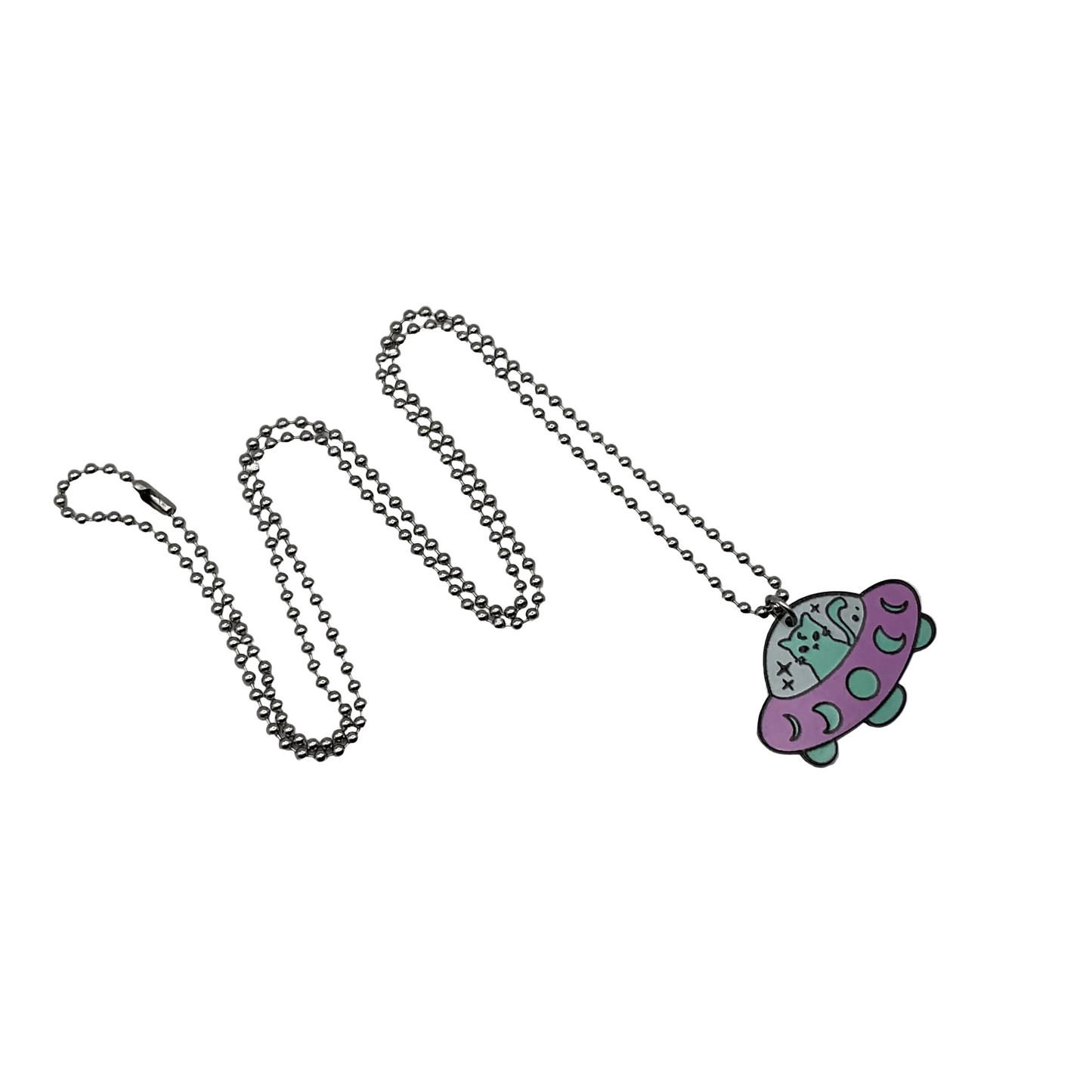 Neon green and purple alien spaceship with kitty occupant pendant on a silver tone metal ball chain against a white background
