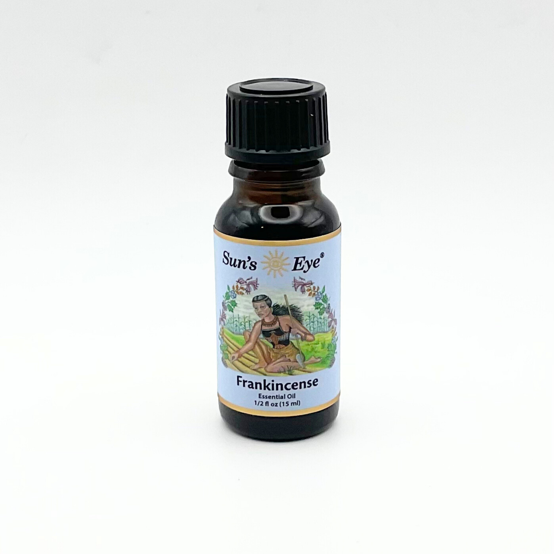 Bottle of Sun's Eye Frankincense oil on a white background