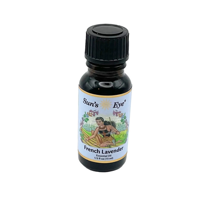 Bottle of Sun's Eye French Lavender oil on a white background