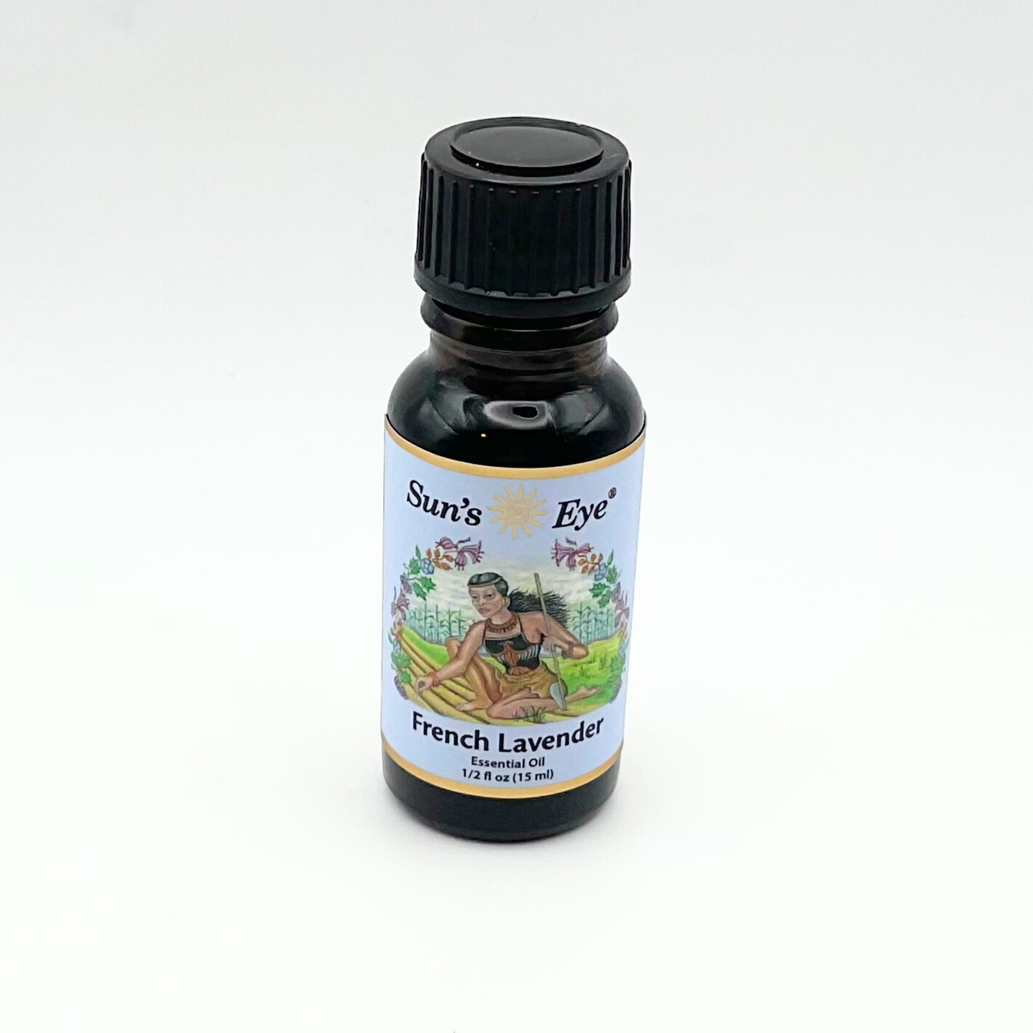 Bottle of Sun's Eye French Lavender oil on a white background