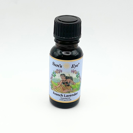 Bottle of Sun's Eye French Lavender oil on a white background