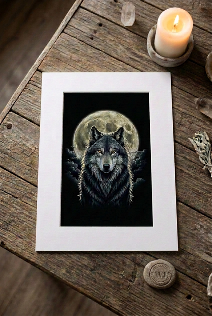 A matted art print featuring a detailed illustration of a wolf with glowing amber eyes in front of a full moon, displayed on a rustic wooden table next to a lit candle and crystals.