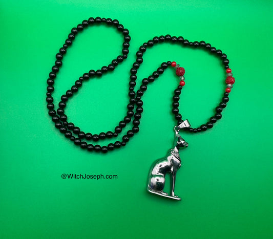 Bastet Talisman with Red Coral Rose and Labradorite Chips