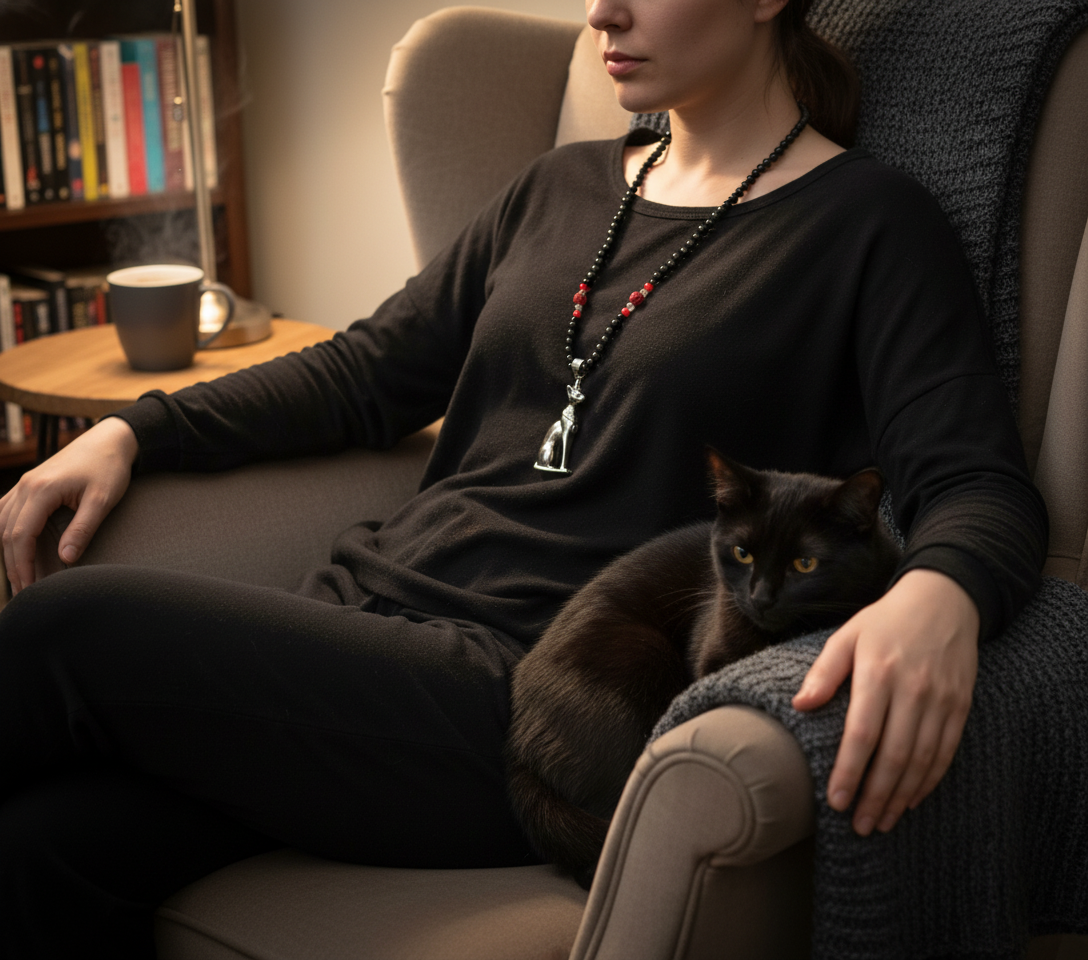 Bastet Talisman with Red Coral Rose and Labradorite Chips