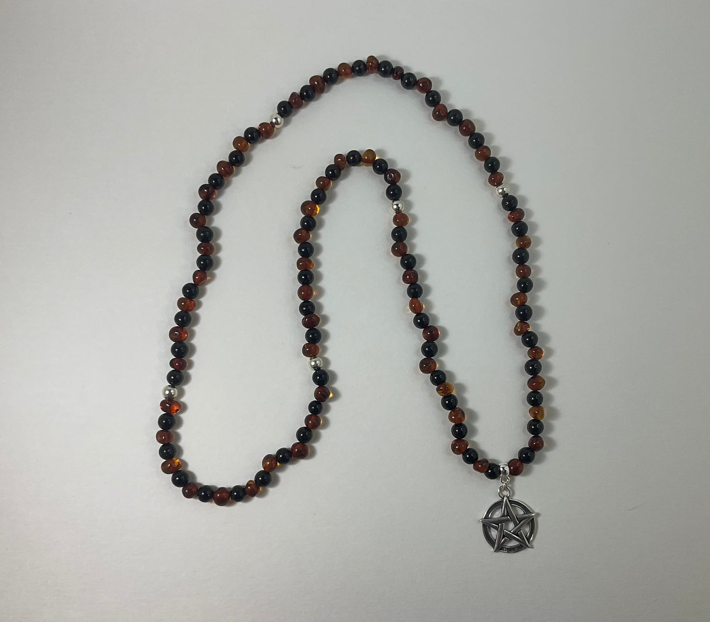 Baltic Amber and Jet Necklace, with sterling silver Pentacle and accent beads