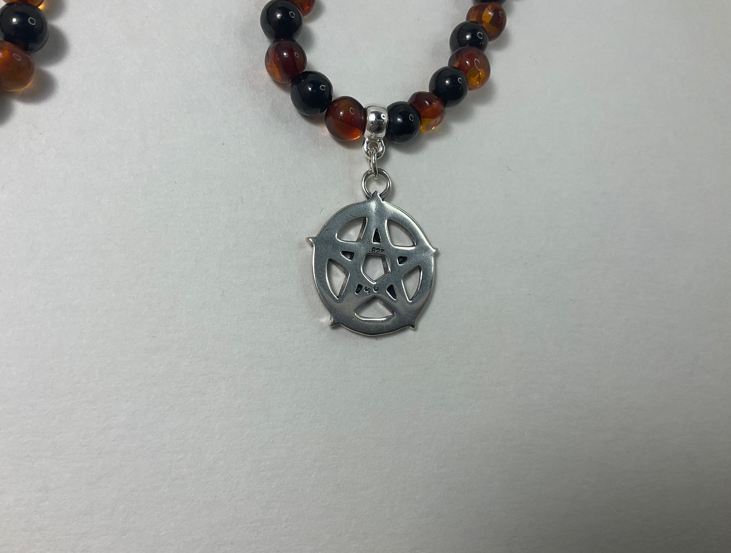 Baltic Amber and Jet Necklace, with sterling silver Pentacle and accent beads