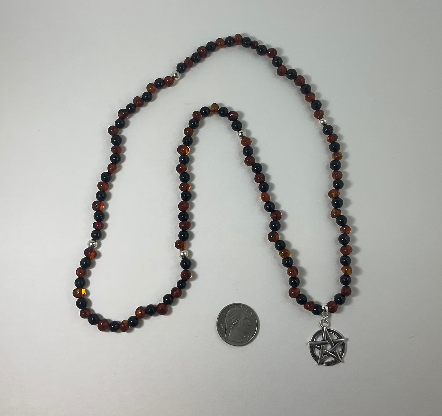 Baltic Amber and Jet Necklace, with sterling silver Pentacle and accent beads