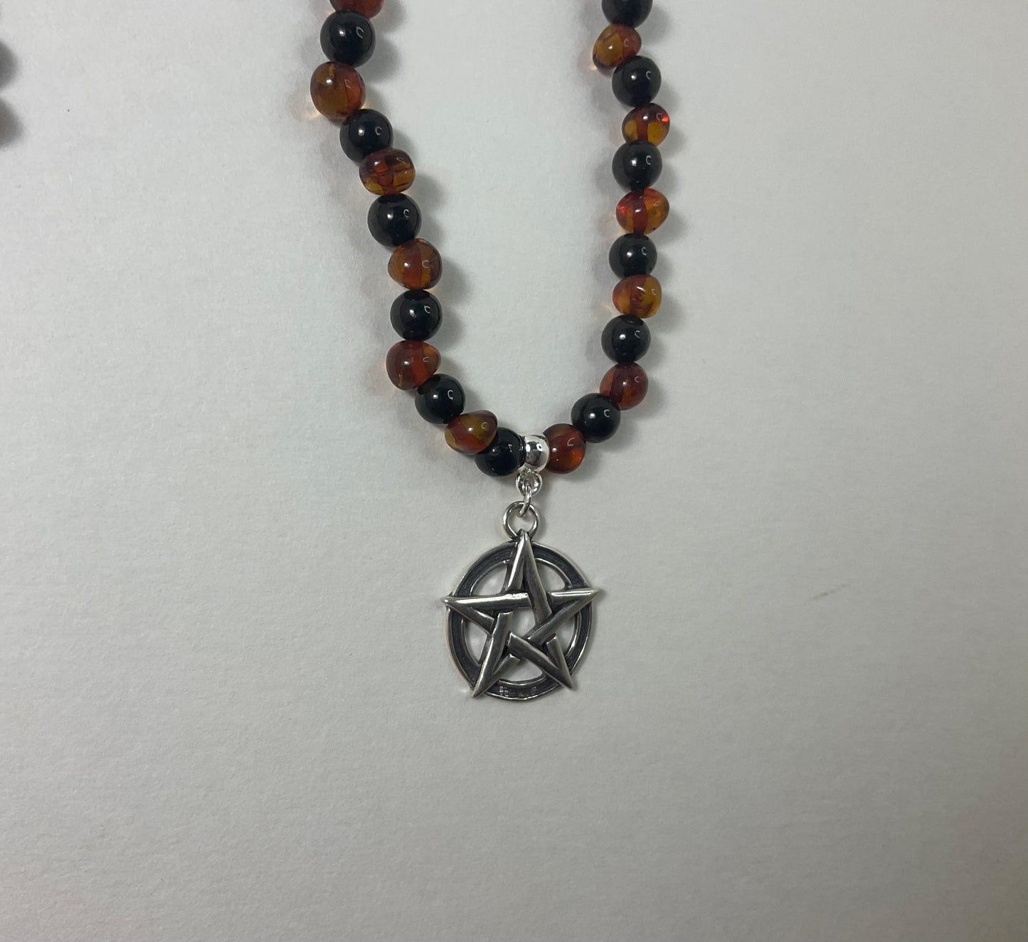 Baltic Amber and Jet Necklace, with sterling silver Pentacle and accent beads