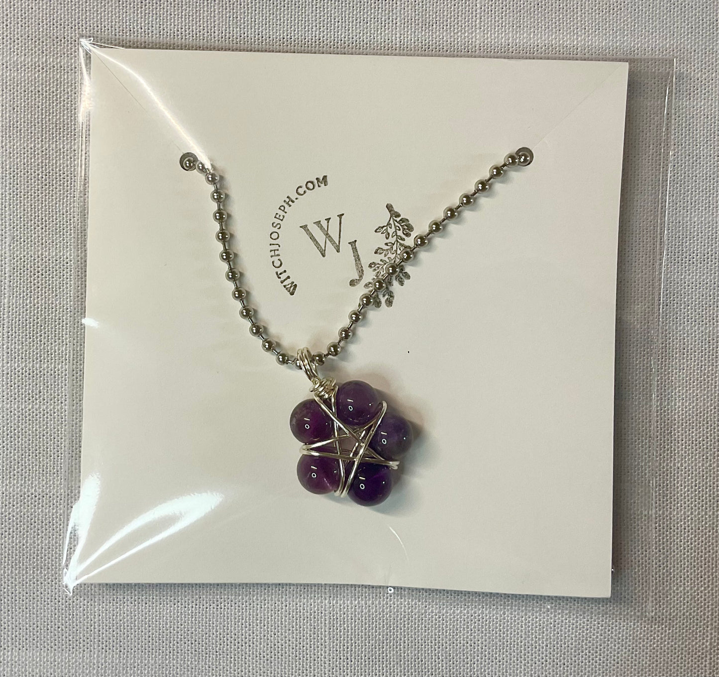 Amethyst Bead Wire Wrapped Pentagram Charm Necklace