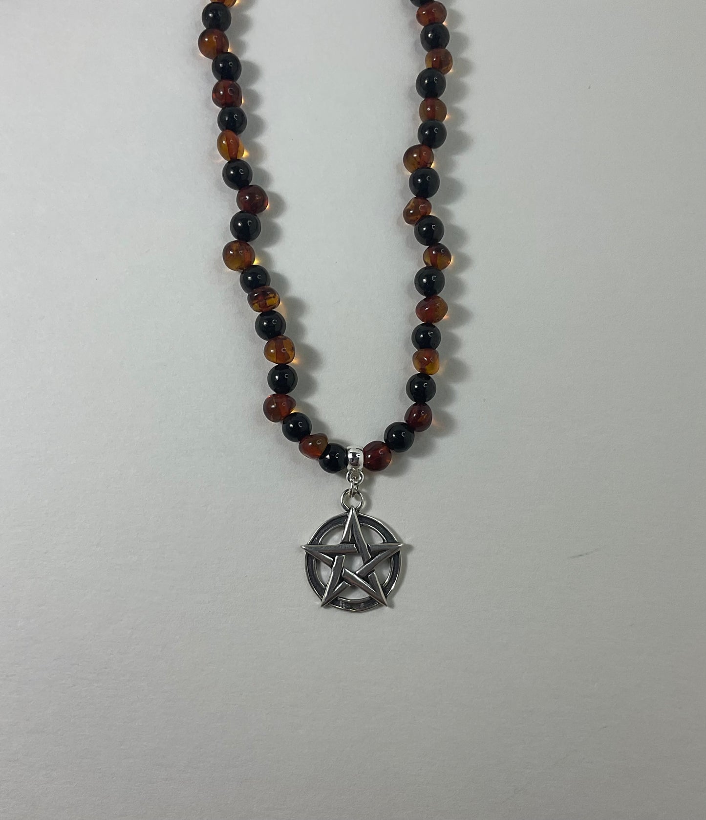 Baltic Amber and Jet Necklace, with sterling silver Pentacle and accent beads