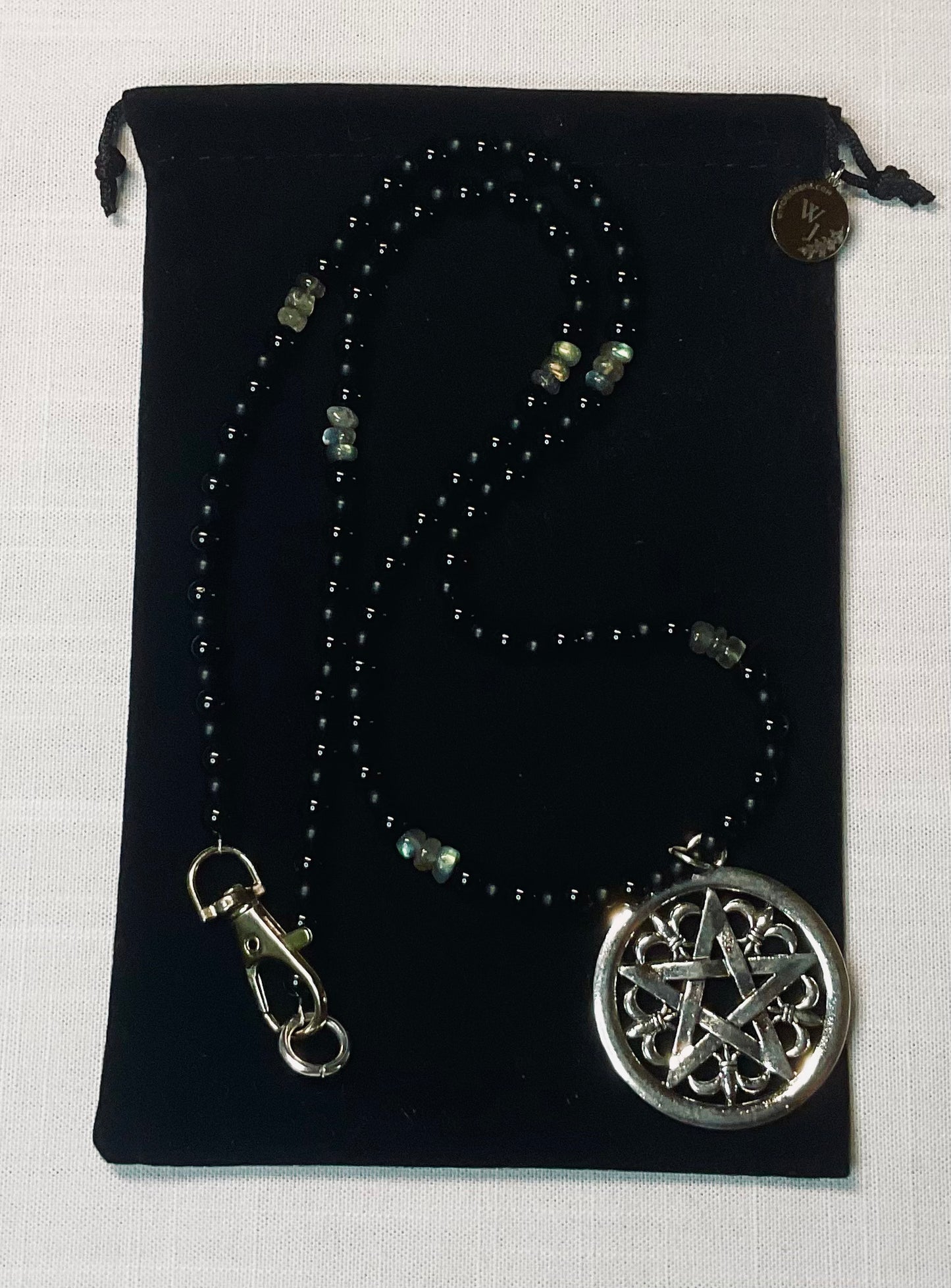 Pentacle Necklace with Labradorite and Black Beads