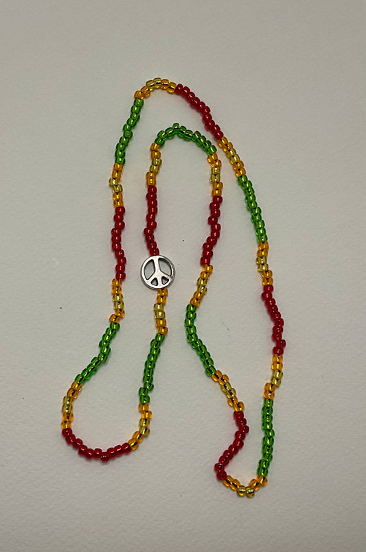 Red Gold and Green Love Beads with silver tone Peace Sign