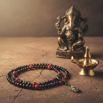 Meditative setup with an amber, jet and coral beaded bracelet with a bronze tone pendant of Lord Ganesha…displayed in front of a brass statue of Ganesha, and lit oil lamp on a rustic stone surface.