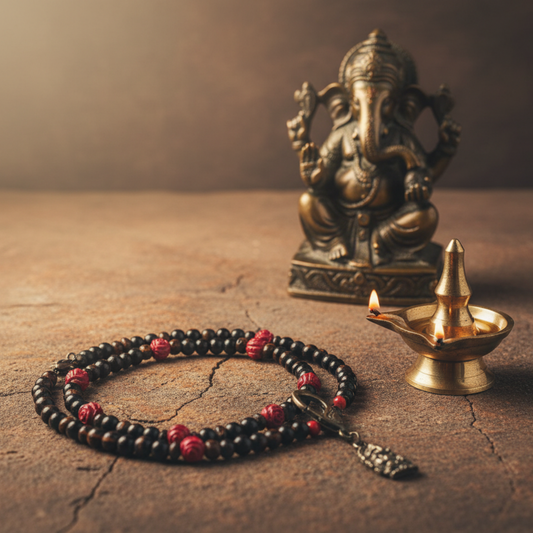 Meditative setup with an amber, jet and coral beaded bracelet with a bronze tone pendant of Lord Ganesha…displayed in front of a brass statue of Ganesha, and lit oil lamp on a rustic stone surface.