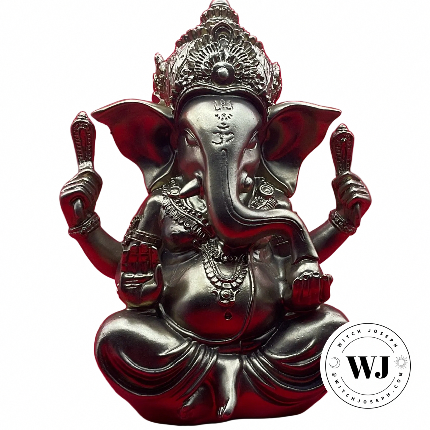 Statue of a Ganesha in gold color displayed on a white background