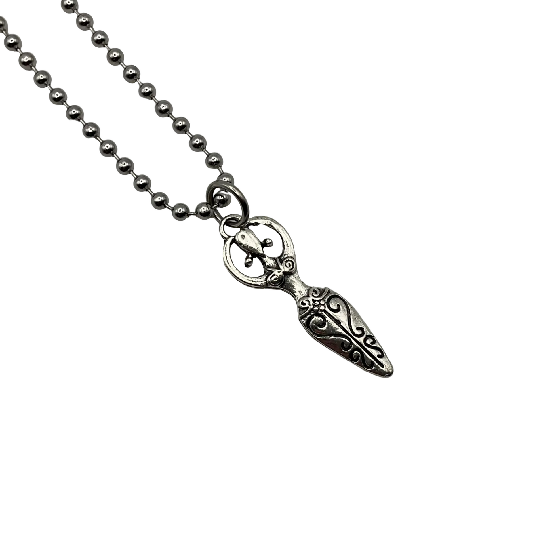 Silver tone ball chain necklace with a detailed Goddess figure pendant on a white background