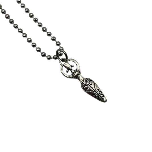 Silver tone ball chain necklace with a detailed Goddess figure pendant on a white background