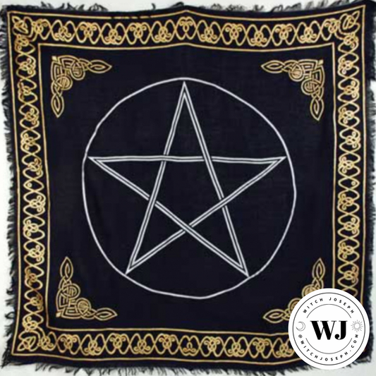 Black cloth with white pentagram symbol and gold border, featuring a brand logo in the corner.